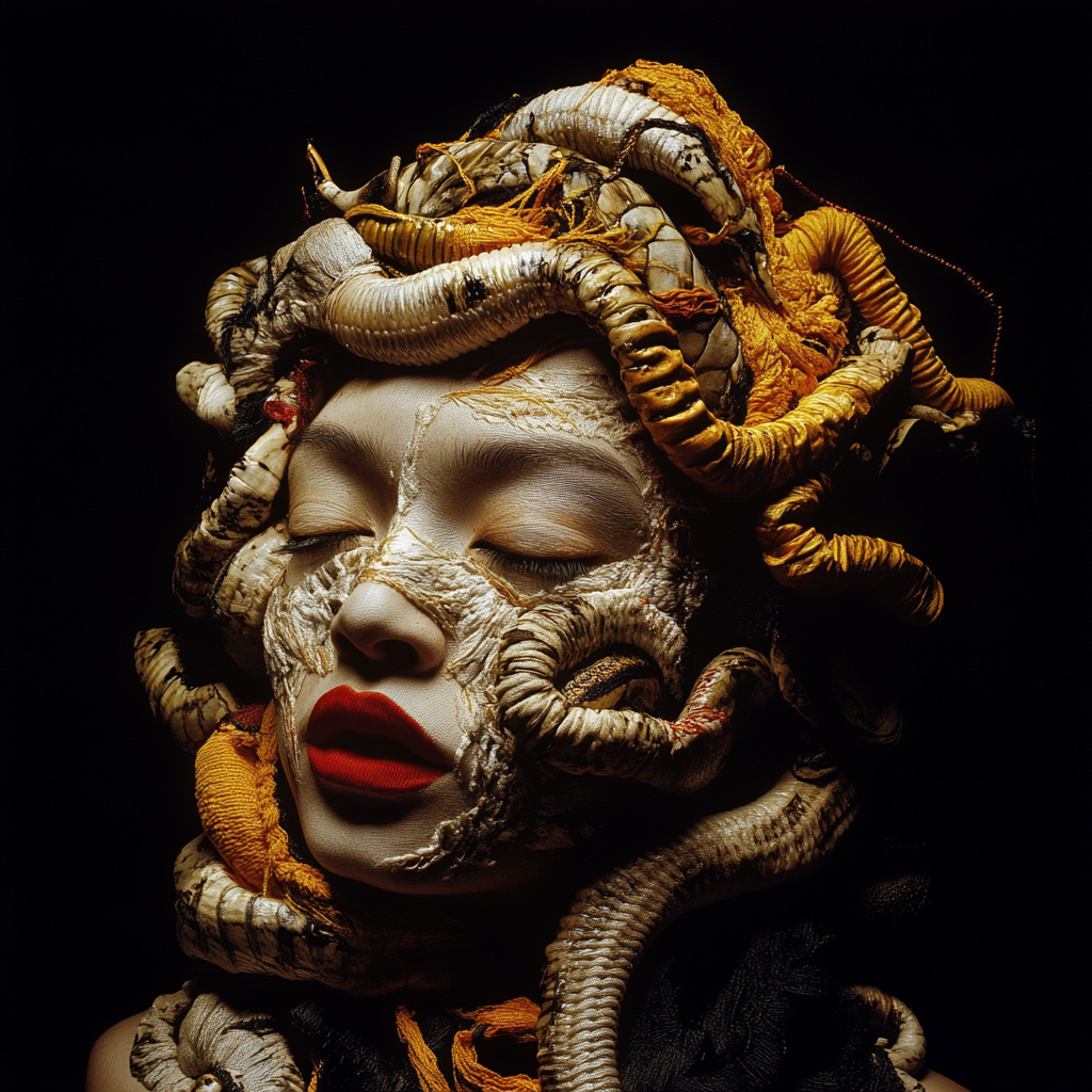 A closed-eyed figure enveloped by embroidered organic forms