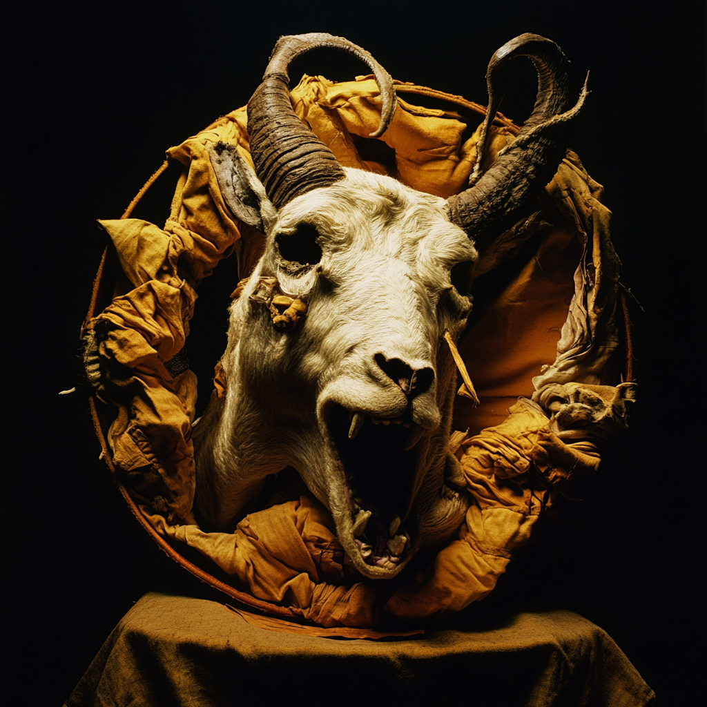 Horned animal head emerging from gathered ochre fabric