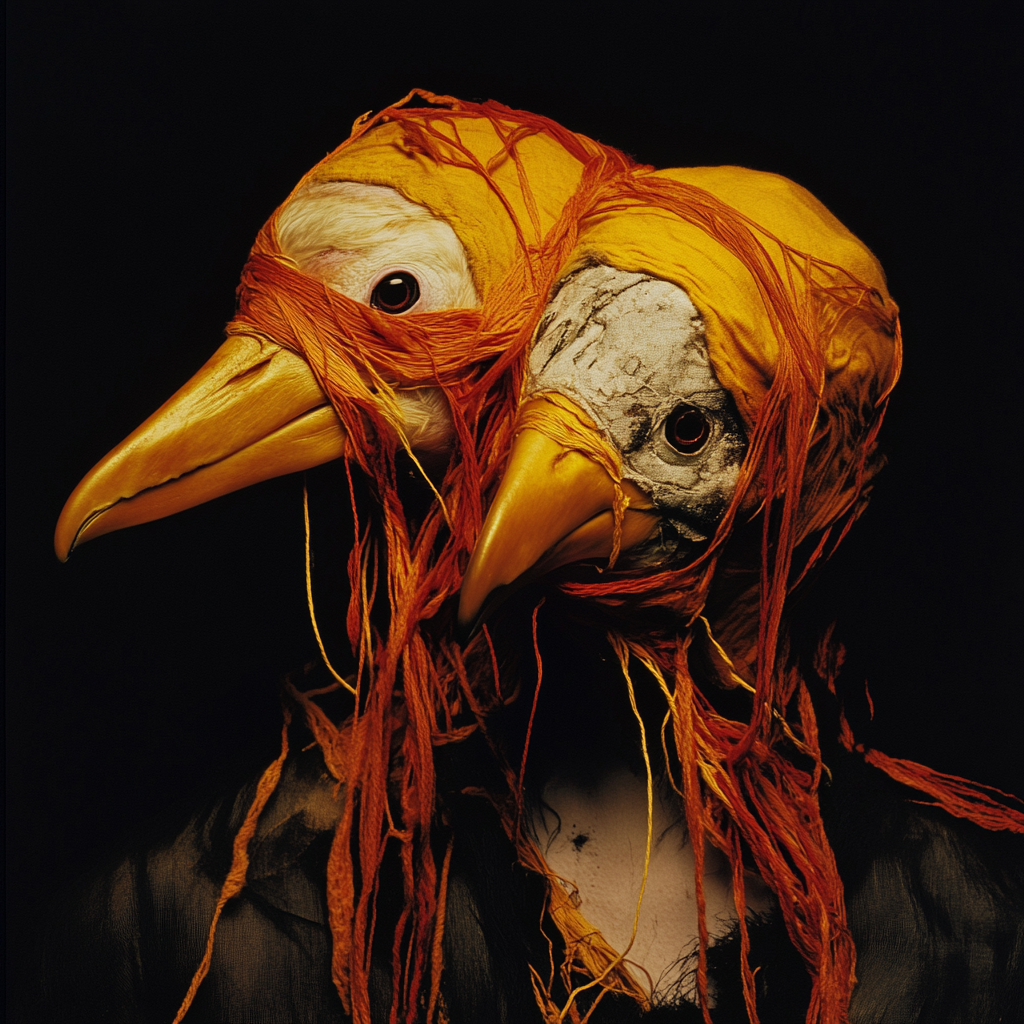 Two bird-headed figures entwined in red and ochre thread