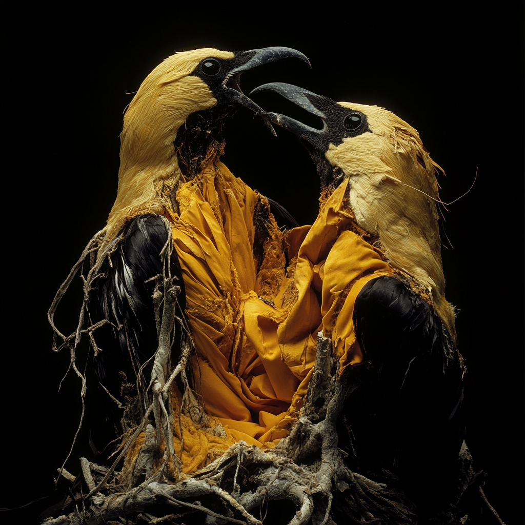 Two black and gold birds facing one another within a root-like structure