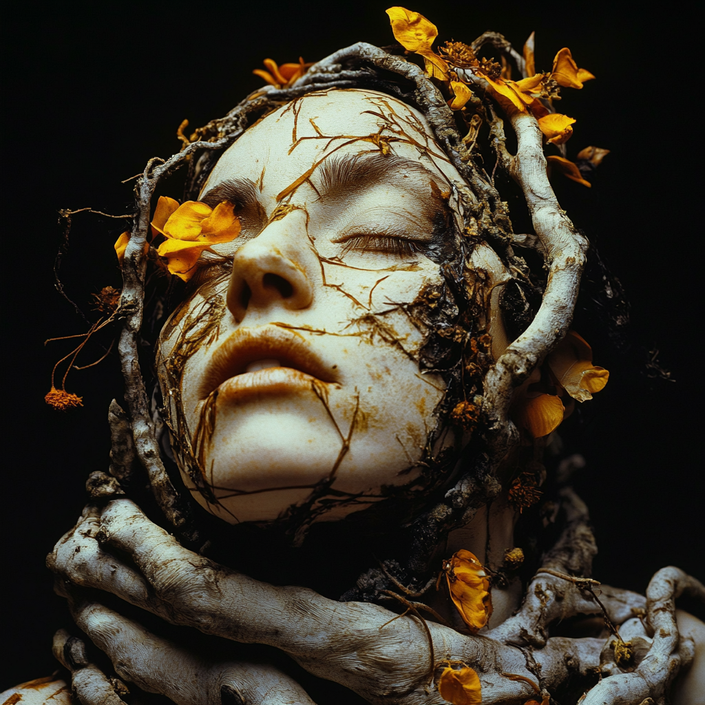 Reclining face held by root-like forms and small orange flowers