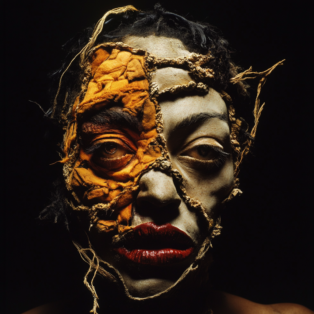 Frontal portrait pieced together with black, bone and ochre textiles