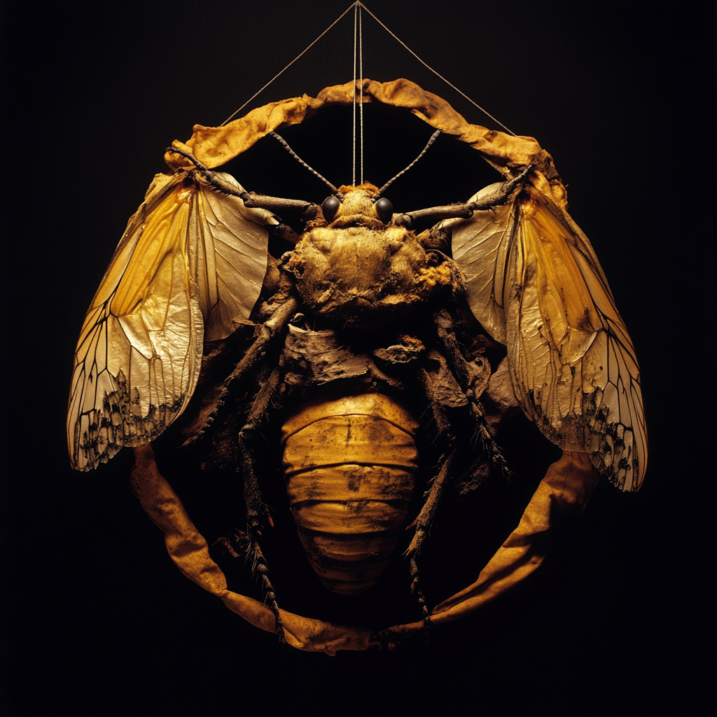 Large winged insect suspended in a circular textile construction