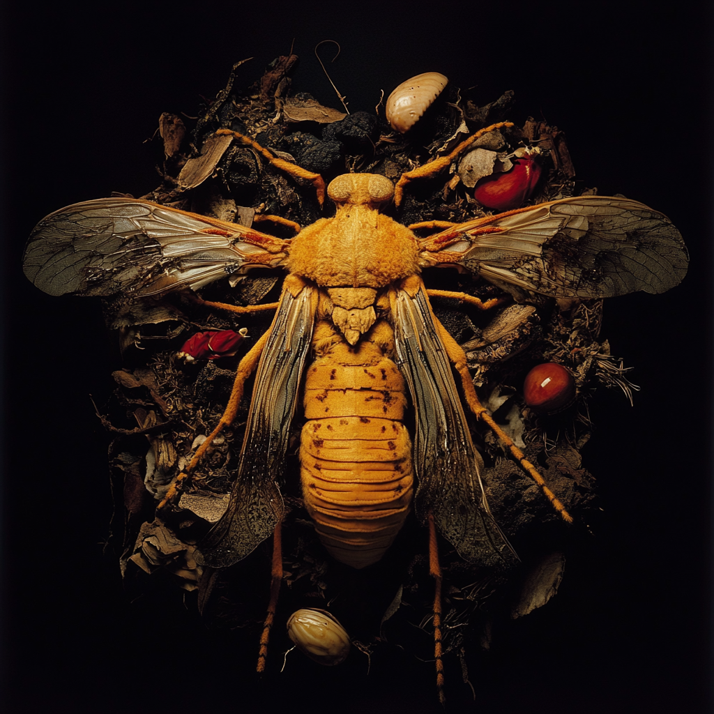 Large golden winged organism resting within bark and seed-like matter