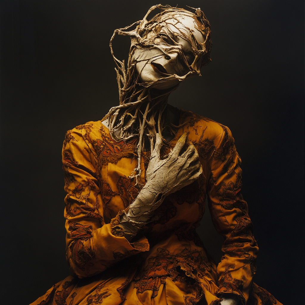 Seated figure in ochre embroidered clothing with root-like structures crossing the face and body