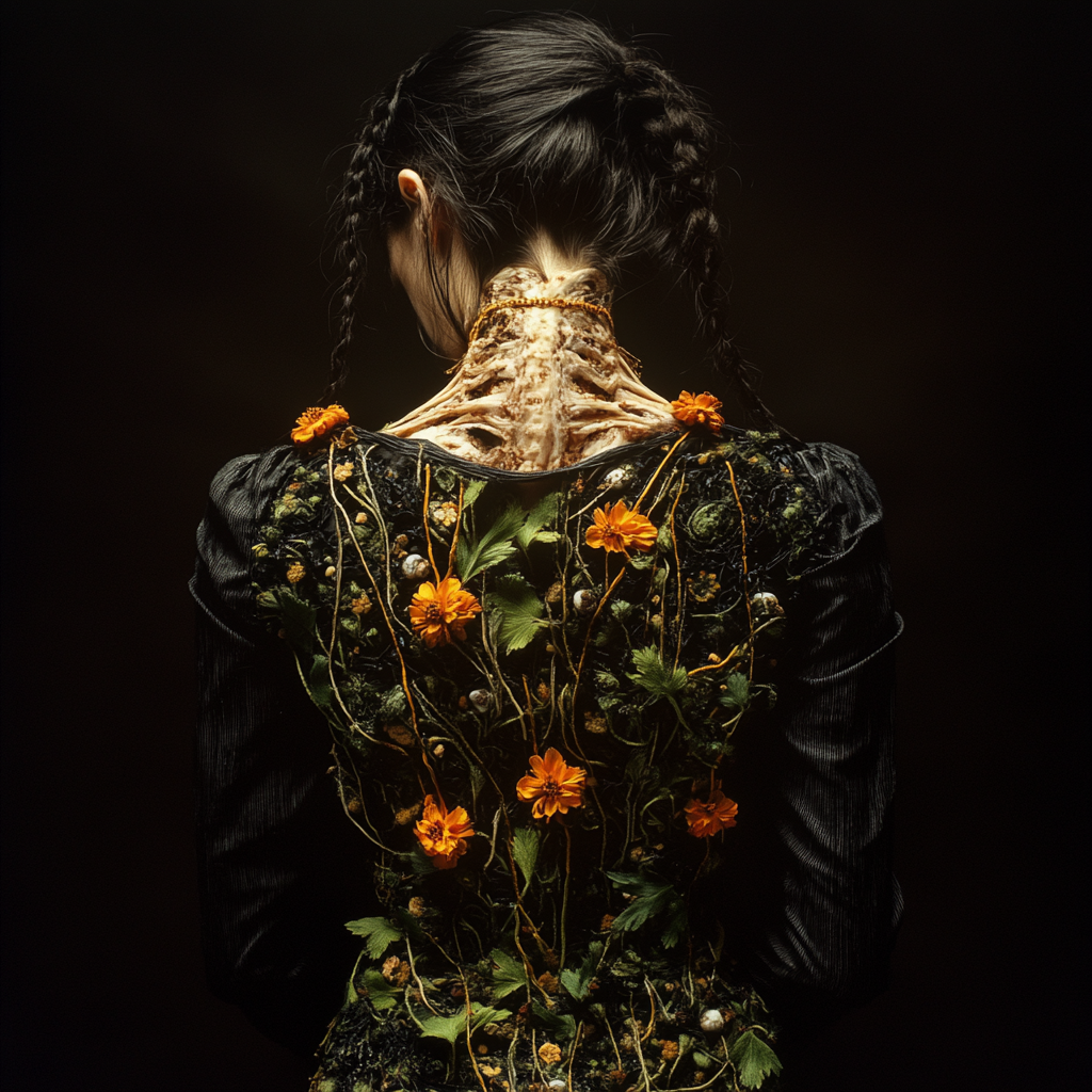 Rear view of a figure wearing a dark embroidered garment alive with roots and orange flowers