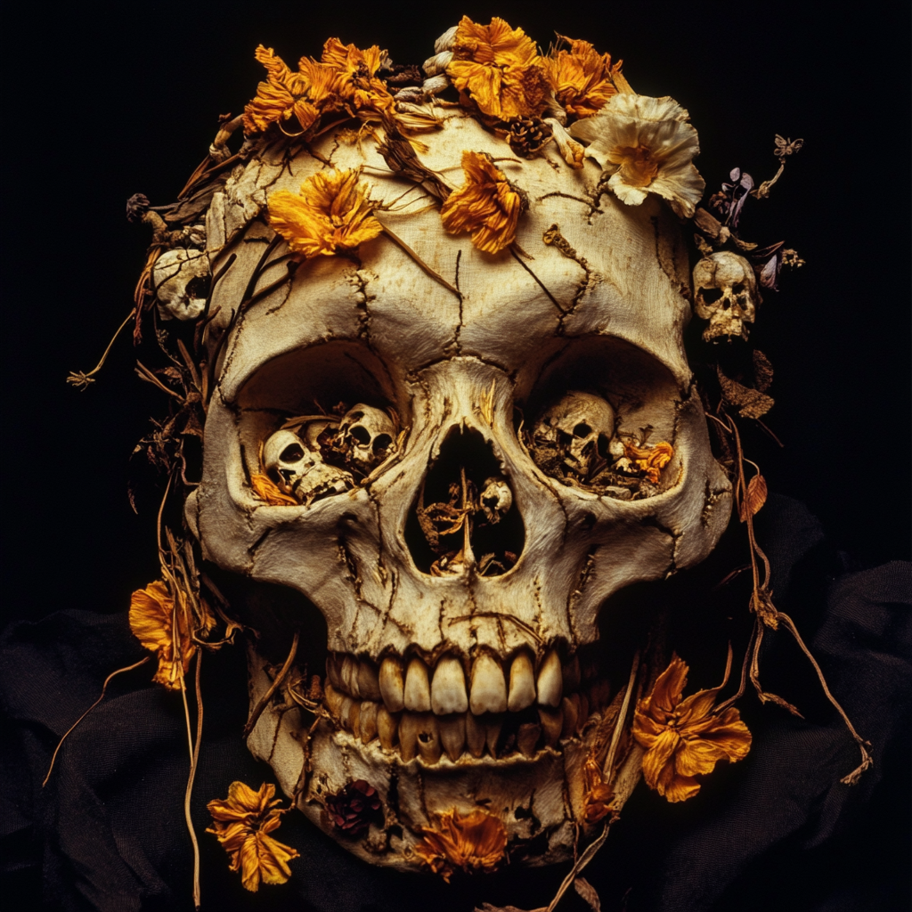 Flower-crowned skull containing smaller skulls and organic matter